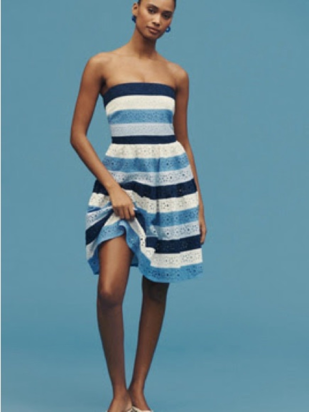 Anthropologie Navy, Light Blue & White Strapless Eyelet Dress
